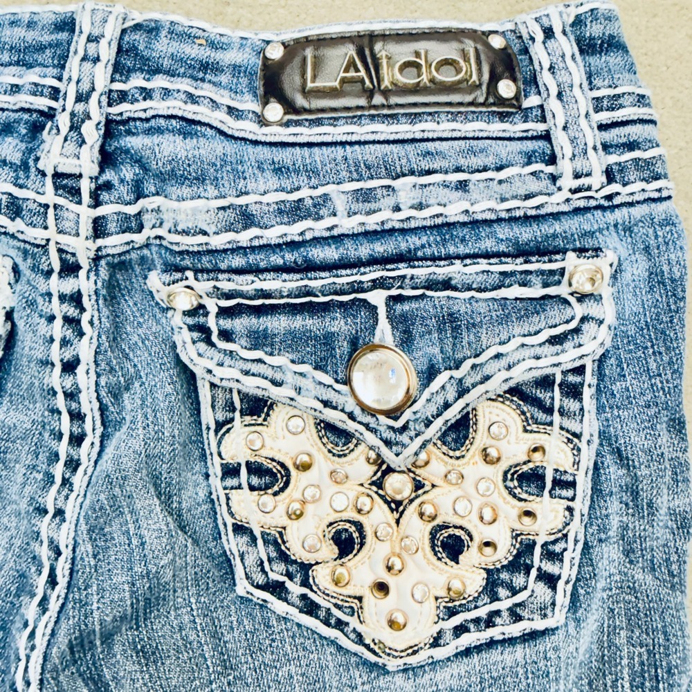 LA Idol USA Womens Denim Bermuda Shorts Blue Thick Stitch Rhinestone Size 12